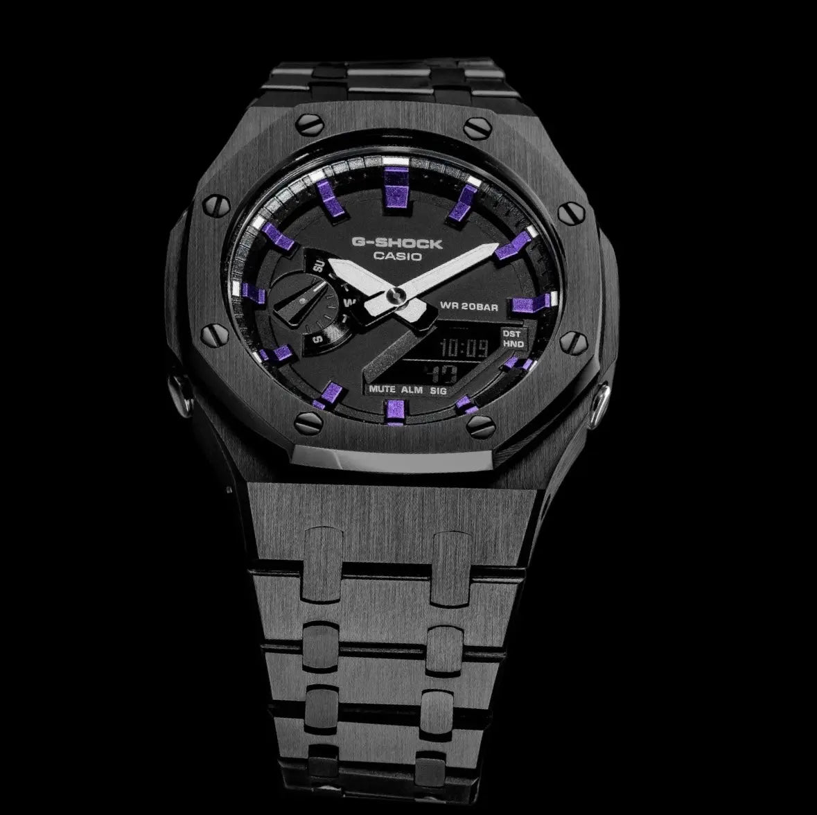 CasiOak Noir Bracelet Noir Cadran Noir Baguettes Violettes