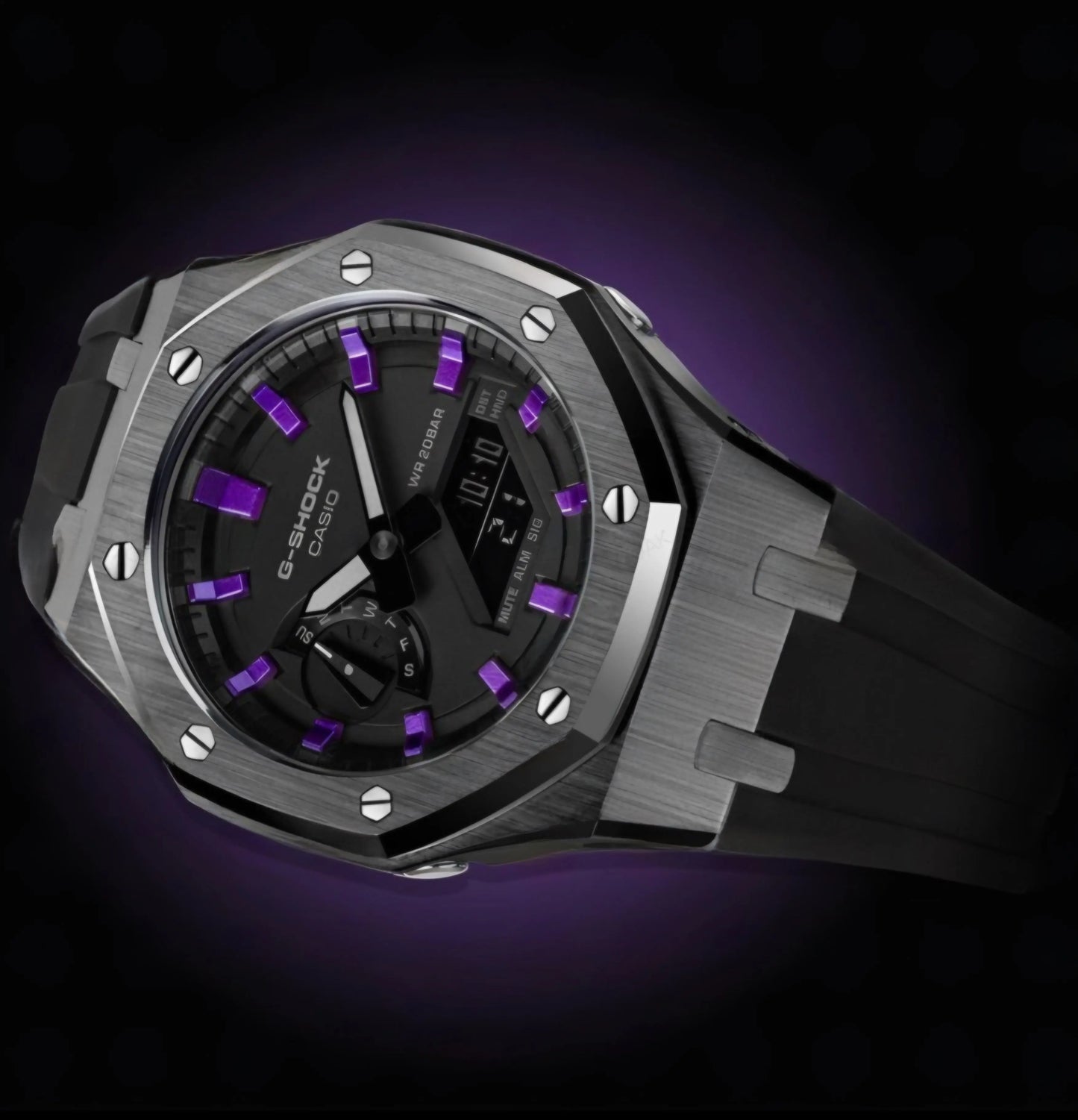 CasiOak Argent Bracelet Strap Noir Cadran Noir Baguettes Violettes