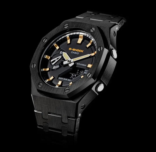 CasiOak Noir Bracelet Noir Cadran Noir Baguettes Or