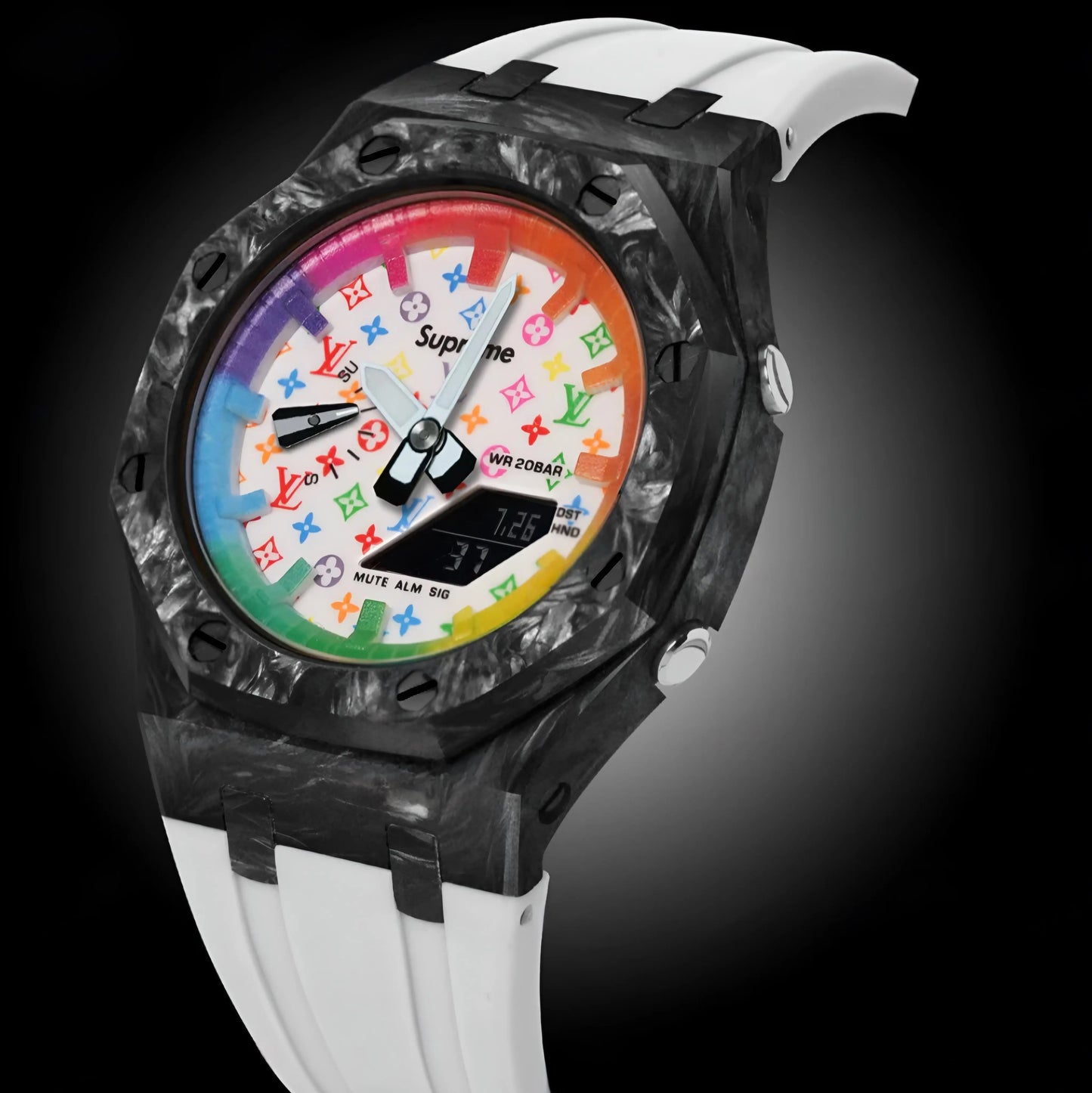 CasiOak Carbon Fiber Bracelet Strap Blanc Cadran Rainbow Blanc LV x Supreme Baguettes Rainbow