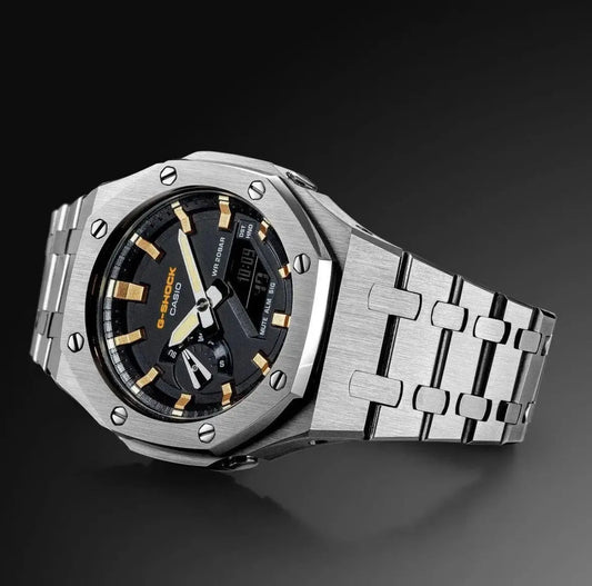 CasiOak Argent Bracelet Argent Cadran Noir Baguettes Or