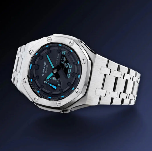 CasiOak Argent Bracelet Argent Cadran Noir et Bleu