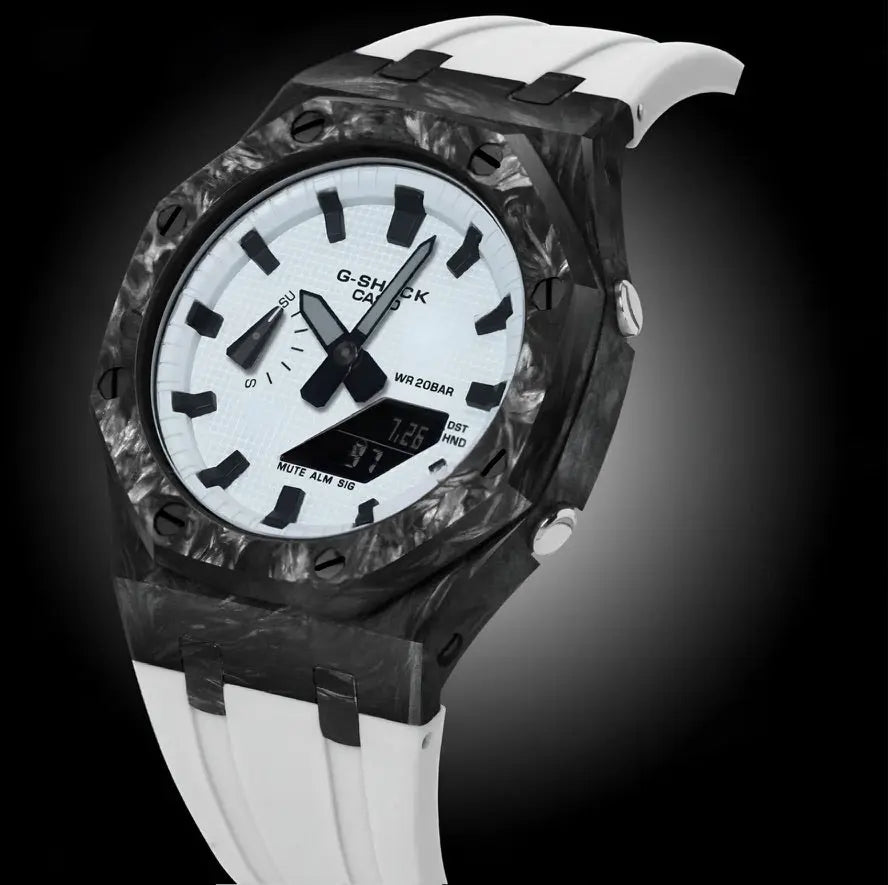 CasiOak Carbon Fiber Bracelet Strap Blanc Cadran Blanc Baguettes Noir Infinity Oak