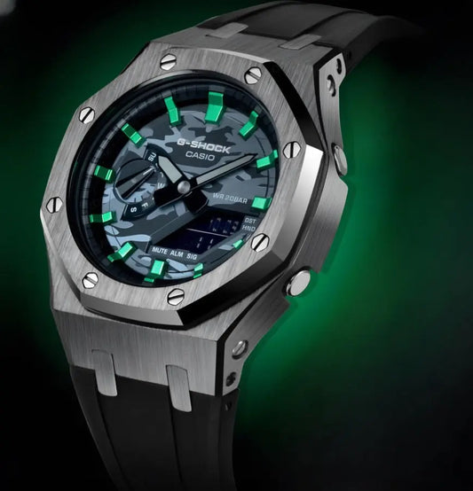 CasiOak Argent Bracelet Strap Noir Cadran Camouflage Baguettes Vertes