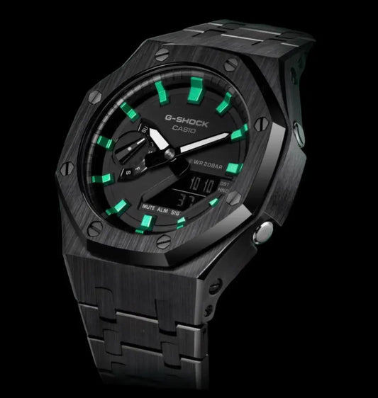 CasiOak Noir Bracelet Noir  Cadran Noir Baguettes Vertes