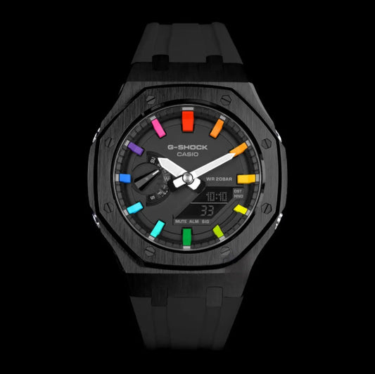 CasiOak Noir Bracelet Strap Noir Cadran Noir Baguettes Rainbow