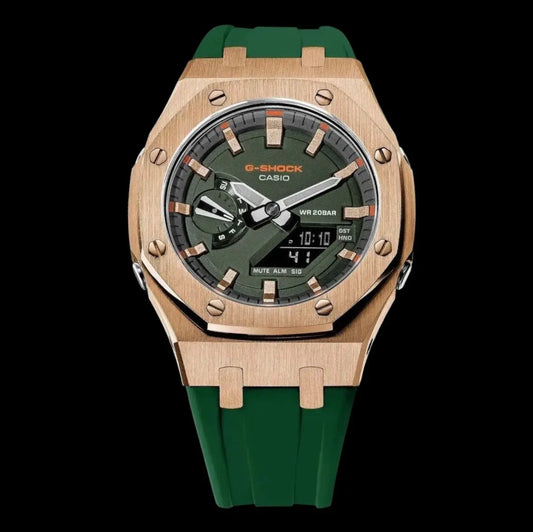 CasiOak Or Rose Bracelet Strap Vert Sapin Cadran Vert Forêt Baguettes Or Rose