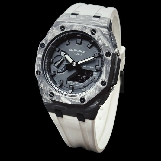 CasiOak Carbon Fiber Bracelet Strap Blanc Cadran Gris Baguettes Grises