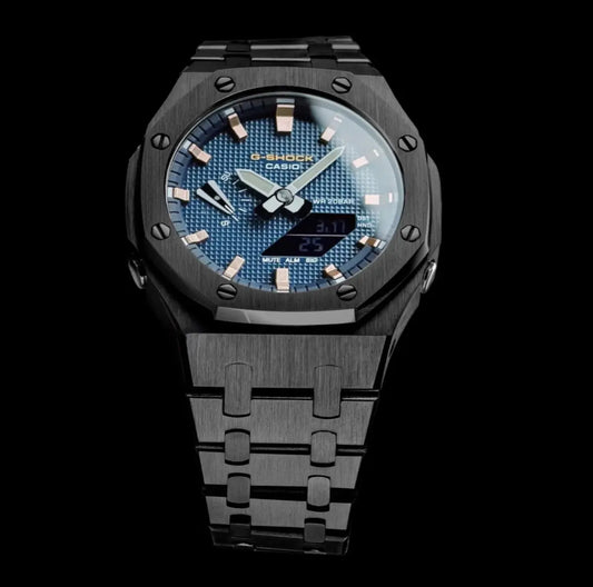CasiOak Noir Bracelet Noir Cadran Bleu Baguettes Argent