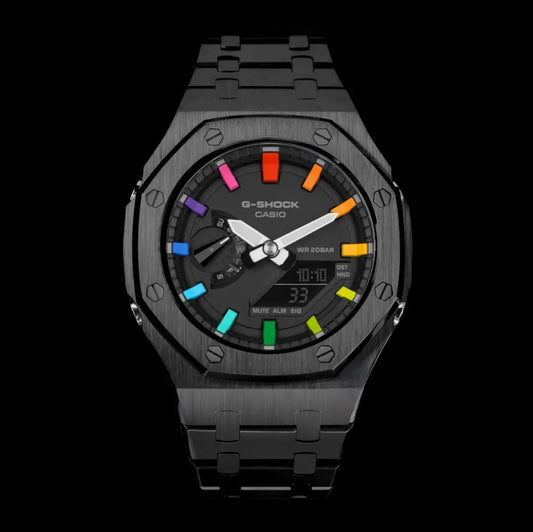 CasiOak Noir Bracelet Noir Cadran Noir Baguettes Rainbow