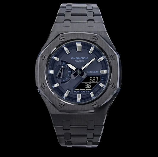 CasiOak Mini Noir Bracelet Noir Cadran Bleu Marine Baguettes Métalliques Infinity Oak