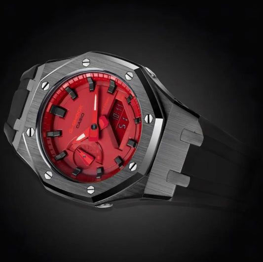 CasiOak Argent Bracelet Strap Noir Cadran Rouge Baguettes Noir