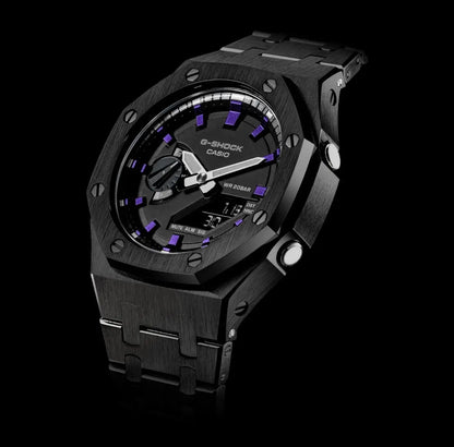 CasiOak Noir Bracelet Noir Cadran Noir Baguettes Violettes