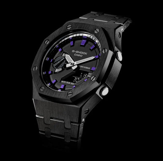 CasiOak Noir Bracelet Noir Cadran Noir Baguettes Violettes