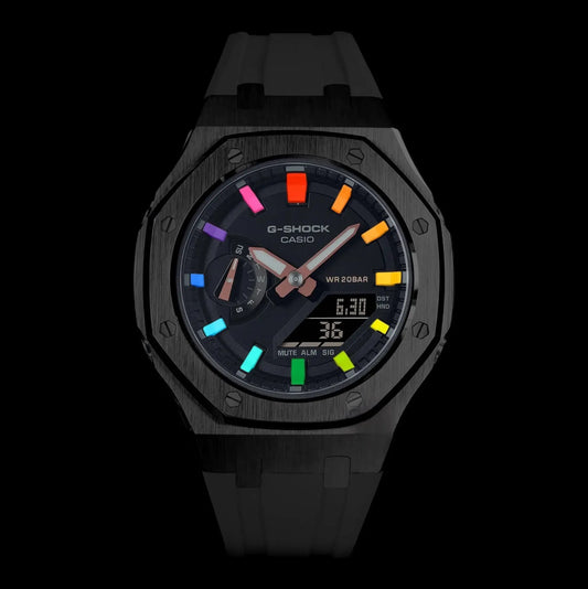CasiOak Mini Argent Bracelet Strap Noir Cadran Noir Baguettes Rainbow - Infinity Oak