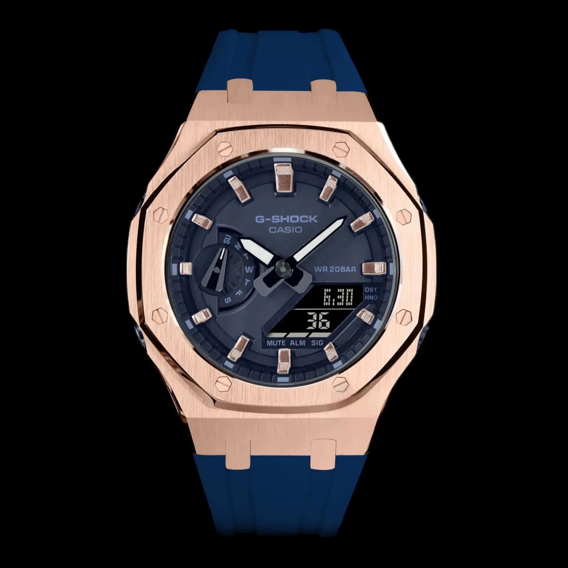 CasiOak Mini Or Rose Bracelet Strap Navy Cadran Bleu Marine Baguettes Métalliques Or Rose Infinity Oak