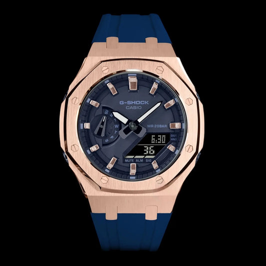 CasiOak Mini Or Rose Bracelet Strap Navy Cadran Bleu Marine Baguettes Métalliques Or Rose Infinity Oak