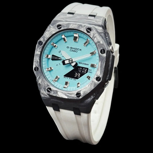 CasiOak Carbon Fiber Bracelet Strap Blanc Cadran Turquoise Baguettes Métallique
