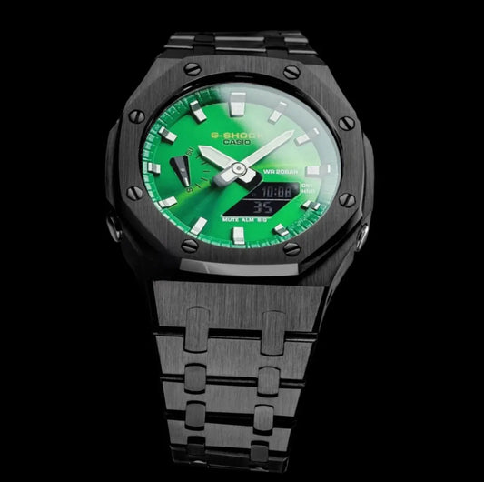 CasiOak Noir Bracelet Noir Cadran Vert Baguettes Argent
