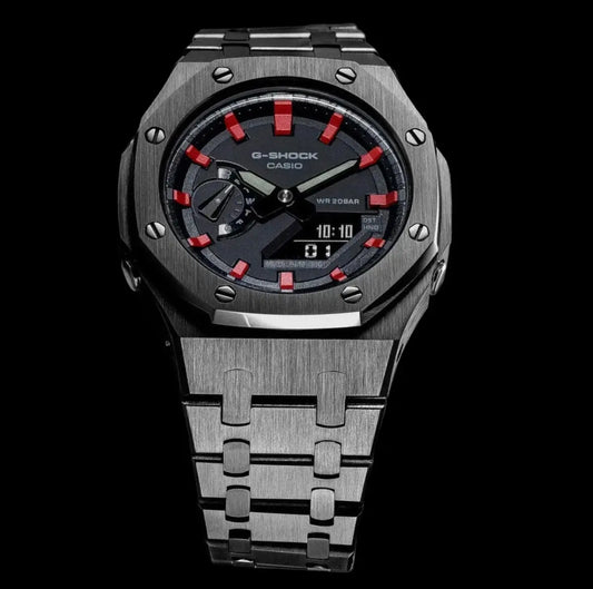 CasiOak Noir Bracelet Noir Cadran Noir Baguettes Rouge