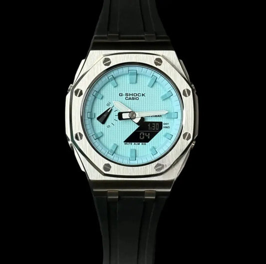 CasiOak Argent Bracelet Strap Noir Cadran Turquoise
