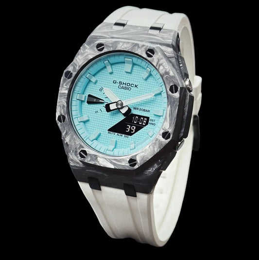 CasiOak Carbon Fiber Bracelet Strap Blanc Cadran Turquoise