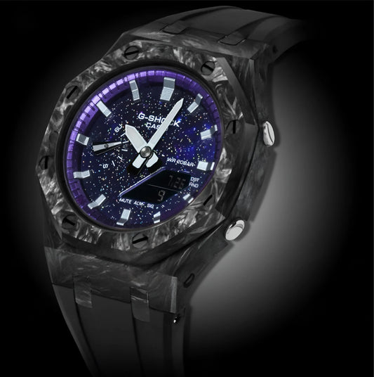 CasiOak Carbon Fiber Bracelet Strap Noir Cadran Violet Nuit Baguettes Argent