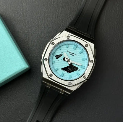 CasiOak Argent Bracelet Strap Noir Cadran Turquoise