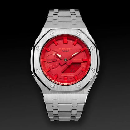 CasiOak Argent Bracelet Argent Cadran Rouge