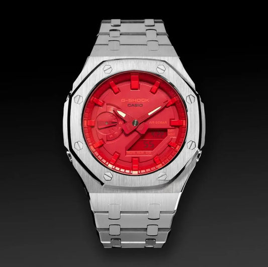 CasiOak Argent Bracelet Argent Cadran Rouge