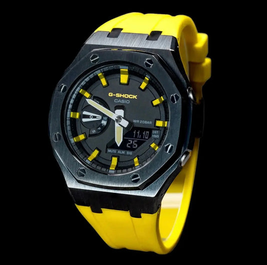 CasiOak Noir Bracelet Strap Jaune Cadran Noir Baguettes Jaunes
