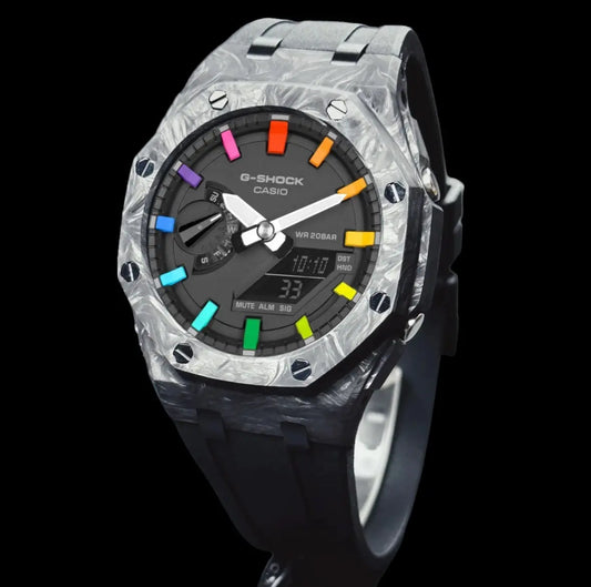 CasiOak Carbon Fiber Bracelet Strap Noir Cadran Gris Baguettes Rainbow
