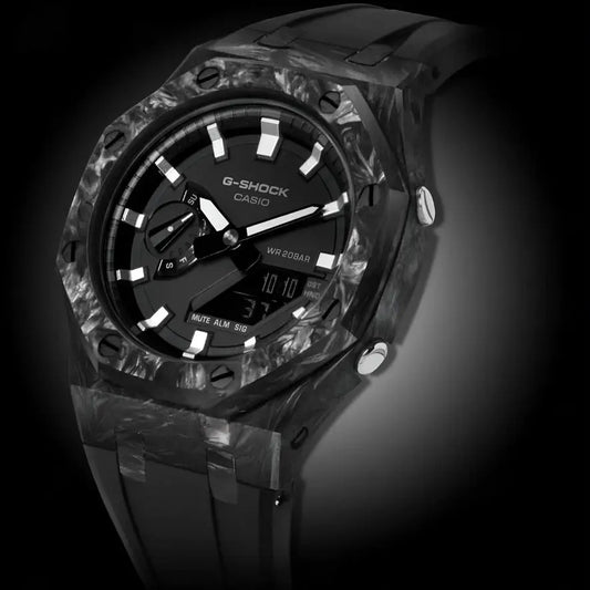 CasiOak Carbon Fiber Bracelet Strap Noir Cadran Noir Baguettes Argent