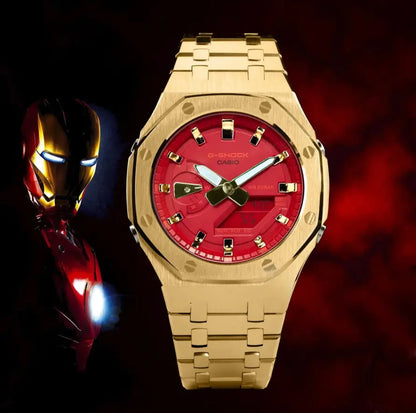 CasiOak Or Edition Iron Man Bracelet Or Cadran Rouge Baguettes Or Métallique