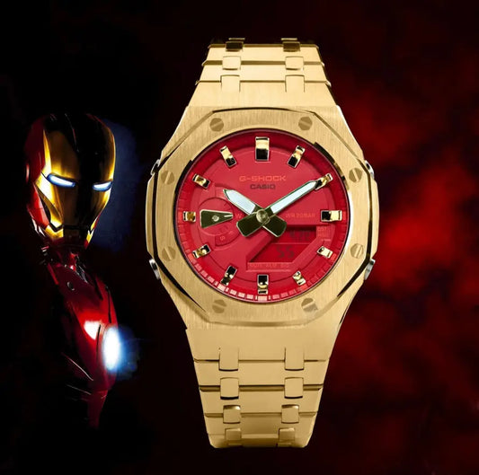 CasiOak Or Edition Iron Man Bracelet Or Cadran Rouge Baguettes Or Métallique