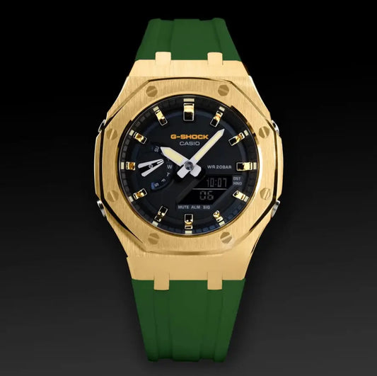 CasiOak Or Bracelet Strap Vert Cadran Noir Baguettes Or Métallique