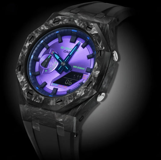 CasiOak Carbon Fiber Bracelet Strap Noir Cadran Violet Bleu Baguettes Noir
