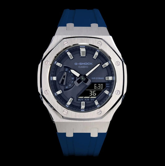 CasiOak Mini Argent Bracelet Strap Navy Cadran Bleu Marine Baguettes Métalliques Infinity Oak