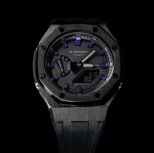 CasiOak Noir Bracelet Strap Noir Cadran Noir Baguettes Violettes