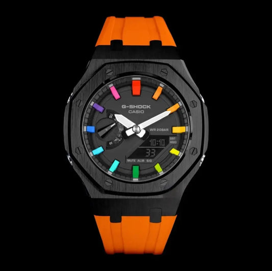 CasiOak Noir Bracelet Strap Orange Cadran Noir Baguettes Rainbow