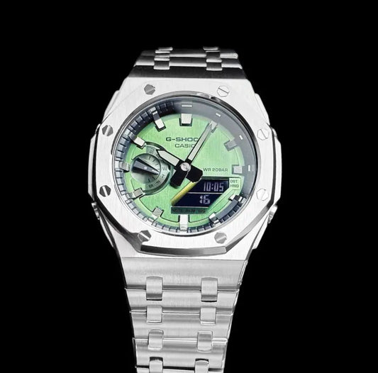 CasiOak Argent Bracelet Argent Cadran Vert Foncé