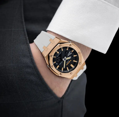 CasiOak Or Rose Bracelet Strap Blanc Cadran Noir Baguettes Or Rose