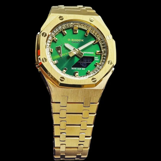 CasiOak Or Bracelet Or Cadran Vert Baguettes Or Métallique