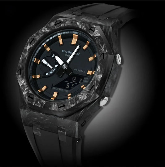CasiOak Carbon Fiber Bracelet Strap Noir Cadran Noir Baguettes Bronze
