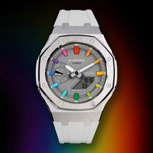 CasiOak Argent Bracelet Strap Blanc Cadran Gris Baguettes Rainbow
