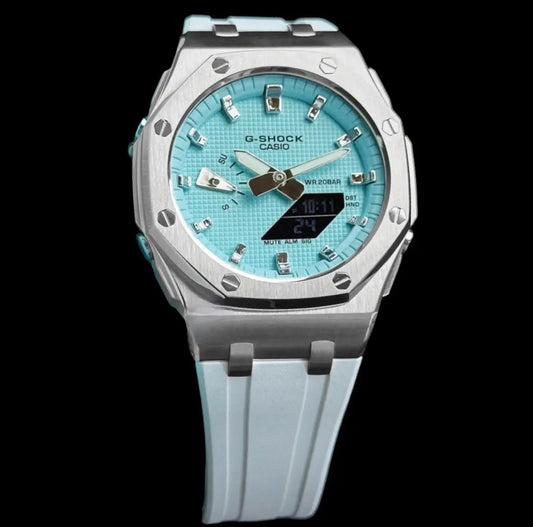 CasiOak Argent Bracelet Strap Blanc Cadran Turquoise Baguettes Métallique