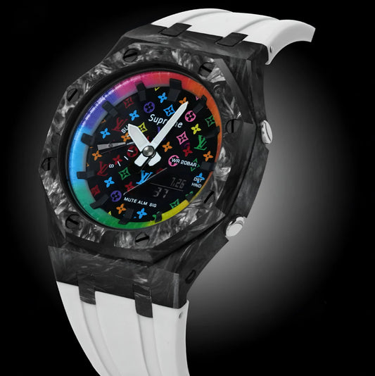 CasiOak Carbon Fiber Bracelet Strap Blanc Cadran Rainbow Noir LV x Supreme Baguettes Rainbow Noir