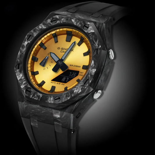 CasiOak Carbon Fiber Bracelet Strap Noir Cadran Orange Feu Baguettes Noir