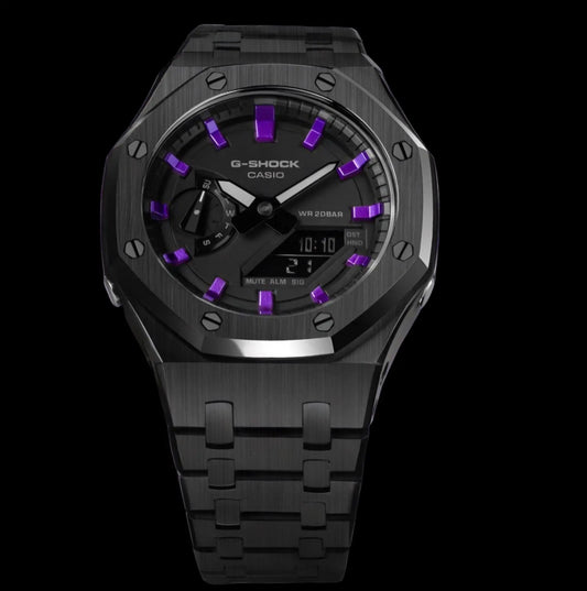 CasiOak Noir Bracelet Noir  Cadran Noir Baguettes Violettes