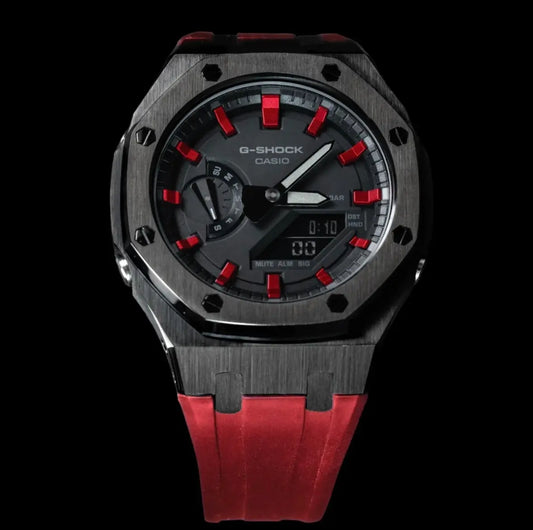 CasiOak Noir Bracelet Strap Rouge Cadran Noir Baguettes Rouge